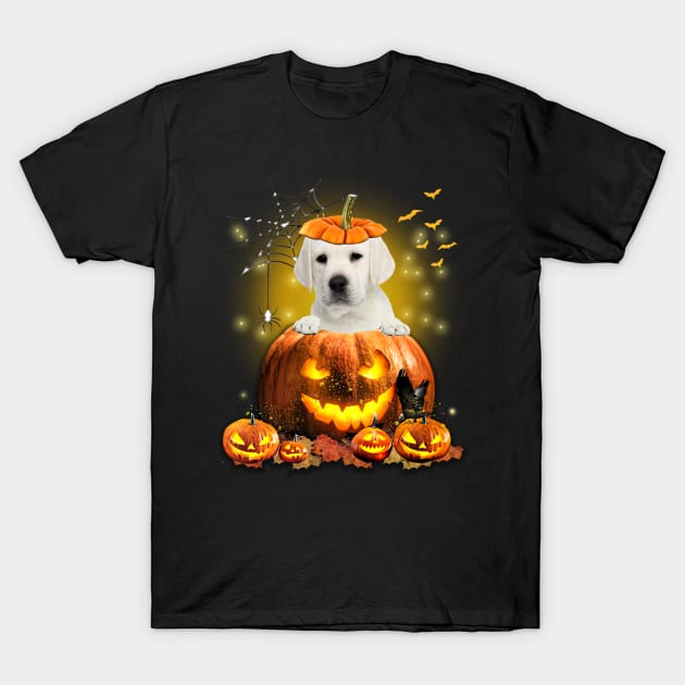 White Labrador Spooky Halloween Pumpkin Dog Head T-Shirt by Red and Black Floral